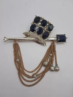 Vintage Magician Hat And Wand Brooch Black Rhinestone Chain Dangle Magic • $35