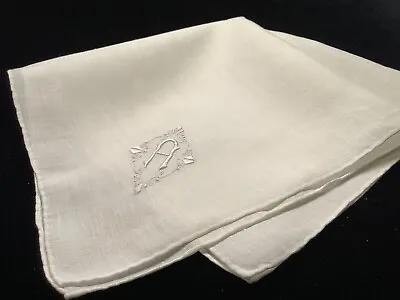 L1365++Vintage Linen Madeira Monogram “A” Gentlemen’s Men’s Pocket Handkerchief • $12.95