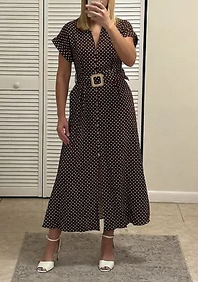 Zara Women Blend Polka Dot Short Sleeves Midi Dress. Brown Color Size S • $48