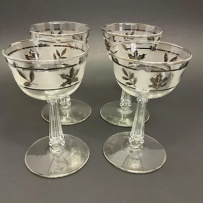 Vintage Silver Leaf Libbey Glass Coupe Liquor Cocktail Stemware Barware Set Of 4 • $18.75