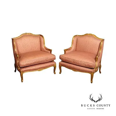 French Louis XV Style Pair Of Giltwood Wide Seat Bergere Chairs • $1995