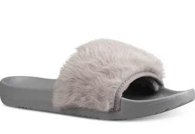 New UGG Royale Pool Slides Seal Grey Plush Fur Cozy Sheepskin Upper Sandal Shoes • $53.99