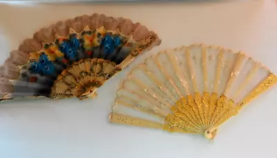 Two Lovely Celluloid And Lace Hand Fans - Beautiful Details-Vintage • $26.79