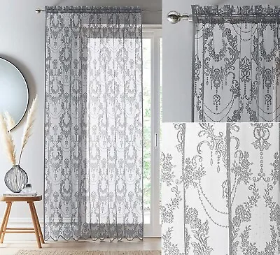 Damask Vintage Lace Curtains Panel Voile Net Slot Top Header Grey 229cm 90  New • £9.95