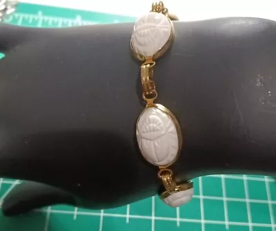 Vintage Faux Scarab White Plastic Cab Panel Link Bracelet Gold Tone Fold Over  • $14.95