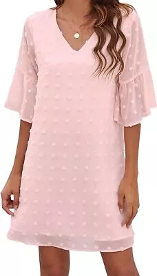 V-neck Casual Dress Summer Short Sleeve Chiffon Dress Women Simple Loose Waist • $11.89