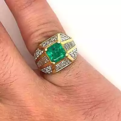 Princess Lab Created Emerald & Diamond Men's Ring 14k Yellow Gold Plated Silver • $199.99