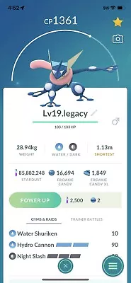 Greninja Legacy Hydro Cannon  Lv19 Pokemon Trade Go 2 Charge Pvp Pokémon Go • $6.80