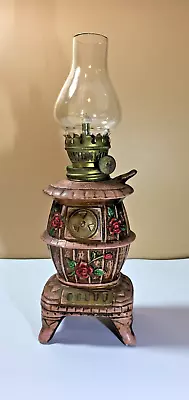 Vtg Pot Belly Stove Kerosene Lamp 9  Tall Ceramic With Red Roses • $16