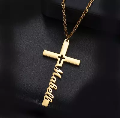 Custom Name Necklace Cross Jewelry Pendant Stainless Steel Gold Silver Men Women • $17.89