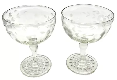2 VTG 8 Oz Floral Etched Crystal Cocktail Coupe Sherbet Glass Stemware/Barware • $13.95
