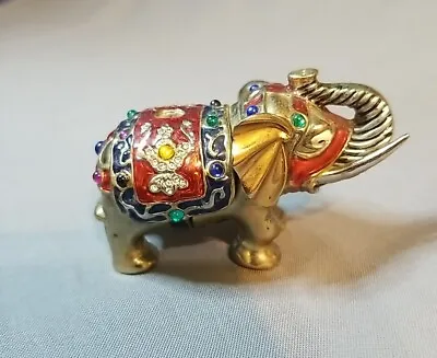 Gold Decorated Jeweled Metal Enamel Elephant Trunk Up Hinged Box • $3.99