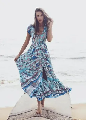 JAASE Carmen Venus Print Blue Boho Button Front Maxi Dress Size M-L #31979 • $50