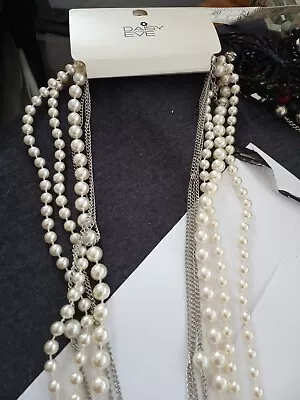 3c#Daisy And Eve Long Silver Tone Chain & Pearl Multi Strand Statement Necklace  • £7