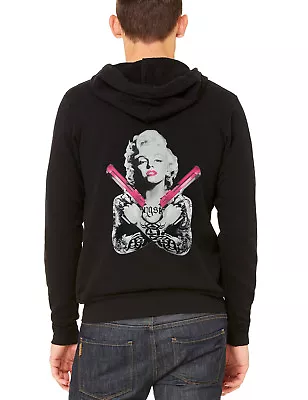 Men's Marilyn Monroe Pink Guns C9 Black Zipper Hoodie Sexy Tattoo Weed Hollywood • $27.99