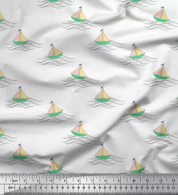 Soimoi White Cotton Poplin Fabric Yacht & Waves Nautical Print Sewing-9H2 • $9.64