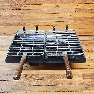 Vintage Cast Iron Double Hibachi Grill Charcoal Camping Table Top Portable • $125