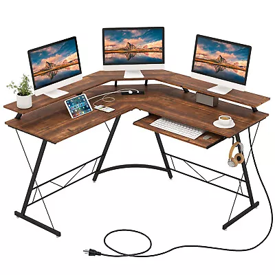 L-shaped Computer Desk W/ Power Outlet 130cm Corner Computer Workstation Stand • $159.95