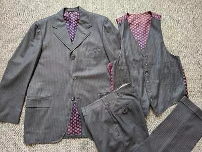 Vintage USA Made 3PC SUIT Wool Pinstripe 40R 34x32 Gray 1970s • $109.95