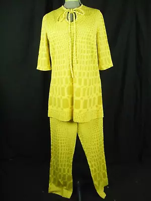 MR DINO Vtg 70s Yellow Mod Printed Lounge Top & Pant Set-Bust 42/Waist 27/XS-S • $199.98