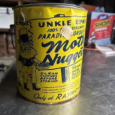 Early Vintage 6Lbs UNKLE EPH’S Moth Nuggets Repellent Tin Can Old Man Graphic   • $14