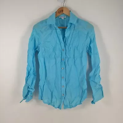 Queenspark Womens Button Up Shirt Size 8 Ramie Blue Long Sleeve Collar 043280 • $17.56