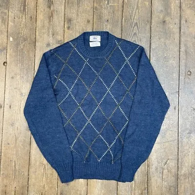 IZod Lacoste Jumper Crew-Neck Knit Vintage Argyle USA Sweater Navy Mens Large • £50