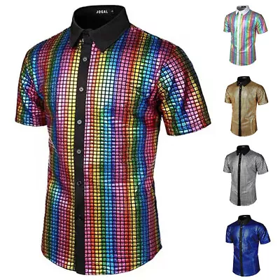 Mens Vintage 70s Costumes Sequins Blouse Short Sleeve Button Down Shirts Party • £7.79