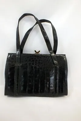 Vtg 1950s Deitsch Black Alligator Bag Purse Handbag Gold Hardware Two Handles • $39