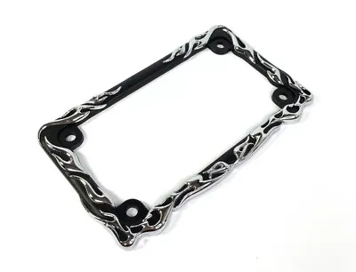 Black W/ Chrome Flames Motorcycle License Plate Frame Tag Holder - Metal • $15.99