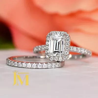 Solid 14K White Gold Moissanite Bridal Set Engagement Ring 2.50 CT Emerald Cut • $227.94