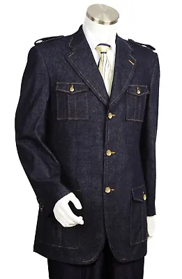 Canto Denim Blazer Men Suit Coat 50L 3 Button Jacket Military Style Sport Coat • $89.99