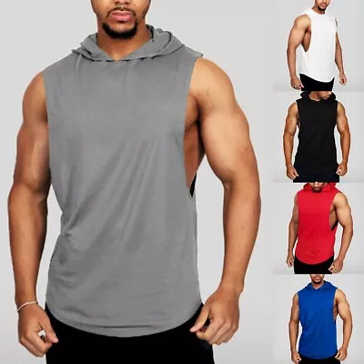 Mens Stretchy Sleeveless Hoodie Vest T Shirt Gym Bodybuilding Muscle Tank Tops • £12.40