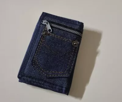 Mens Dark Denim TriFold Slim Canvas Sports Wallet Zip Styled Coins Notes • £12.50