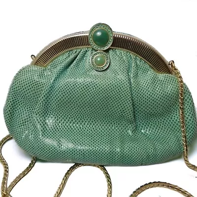 RARE! Vtg JUDITH LEIBER Green Karung Snakeskin Semi Precious Stones Cobochan • $250