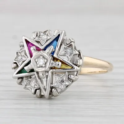 Order Eastern Star Ring 14k Gold OES Masonic Signet Diamond Lab Created Gemstone • $399.99