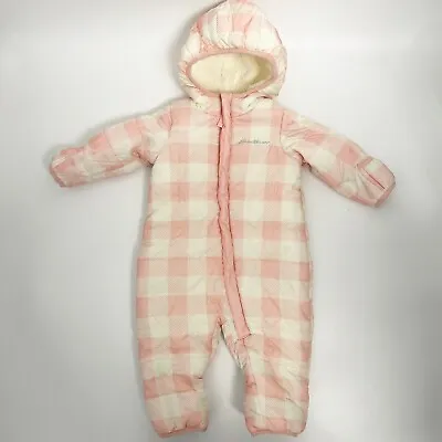 NEW Eddie Bauer Infant Baby Down Snowsuit Coveralls Pink Plaid Puffer 3-6M NWOT • $34.30