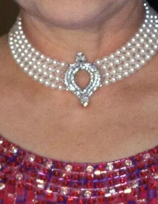 Queen Elizabeth Inspired Lab Created Diamond & Pearl Choker Necklace 925 Silver • £551.20