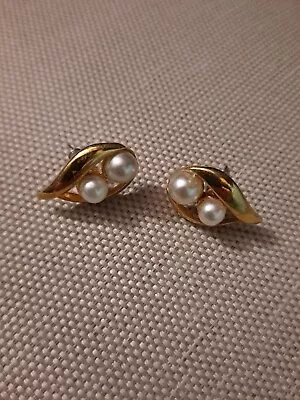 Vintage Monet Gold Tone With Double Faux Pearl Teardrop Shape Pierced Earrings • $12
