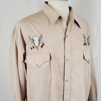 Round'em Western Shirt XL Tan Embroidered Native Feathers Skull Cowboy Rodeo • $14.99