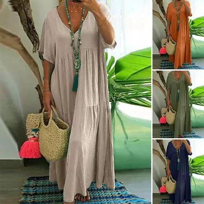 Women V Neck Baggy Maxi Dress Short Sleeve Kaftan Smock Sun Dress Plus Size 6-20 • £15.89