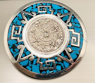 $50 • Buy Vintage Turquoise Mexico 925 Silver Mayan Aztec Calendar Brooch Pin Pendant 2 