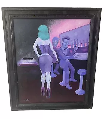 Pastel Bar Scene Original Hand Painting On Canvas Framed 26.5” X 22” C. Martin • $200