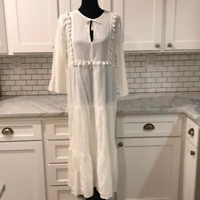 Madewell Laura Caftan Midi Dress Womens M White Tiered Tassel Boho Gauze Hipster • $22.99