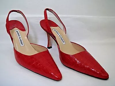 MANOLO BLAHNIK Red Genuine Alligator Carolyne Heels Size 39 WORN ONCE • $875