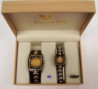 VELLACCIO His & Hers Quartz Watch Set Dark Brown/Gold Tone Stainless W/ Box • $24.95