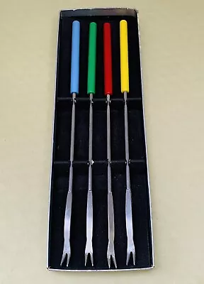 Vintage Set Of 4 Colorful Plastic / Metal FONDUE FORKS Red Blue Green Yellow • $8