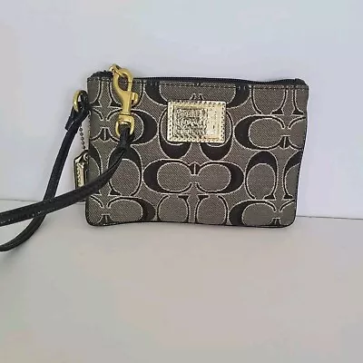 Coach Poppy Corner Wristlet Wallet Black Gold Pouch Small Mini Soft Logo Canvas • $23