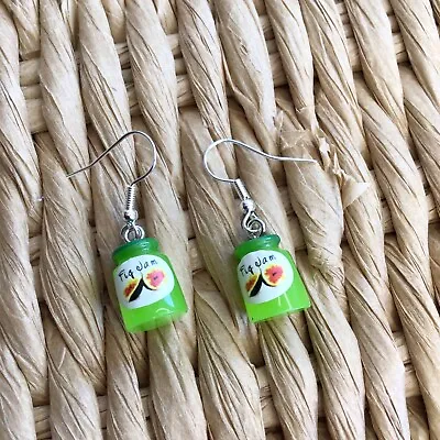 Cute Earrings Fig Jam Jars Green Dangle Drop Hook Novelty Jewellery Xmas Gift • $5.76