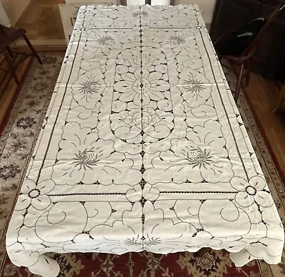 Vintage Madeira Style Ecru Linen Cutwork Tablecloth And Napkins • $150